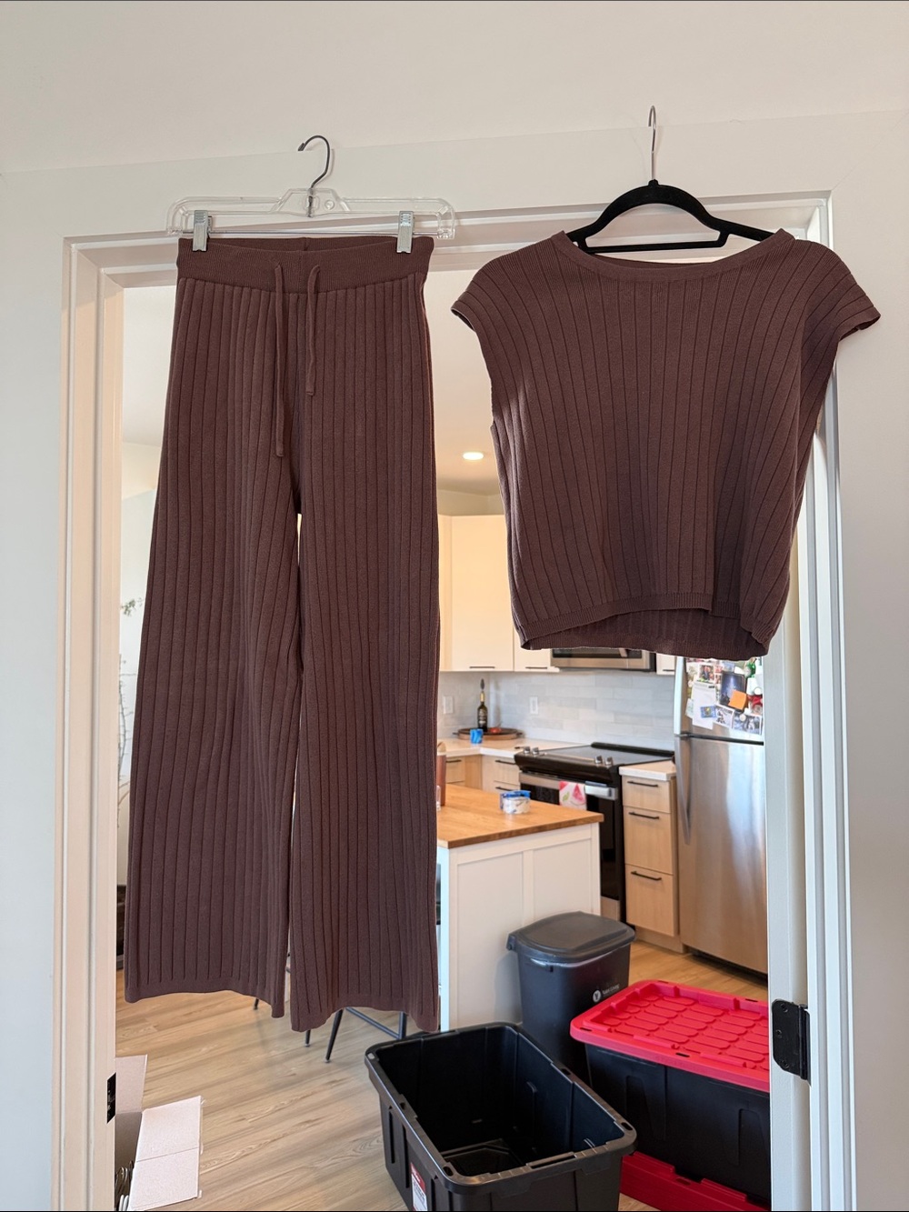 Ribbed Knit Wide-Leg Pants & Top Set — Brown